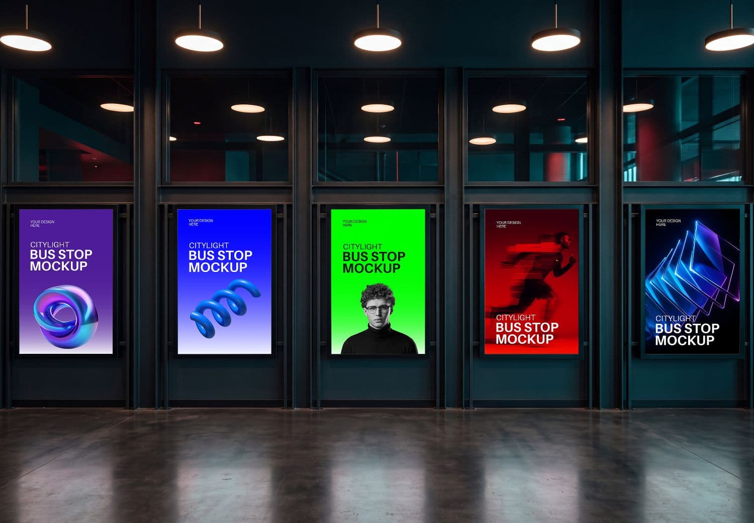 Five Lightbox Bus Stop Poster Mockup in a Modern Glass Transit Shelter