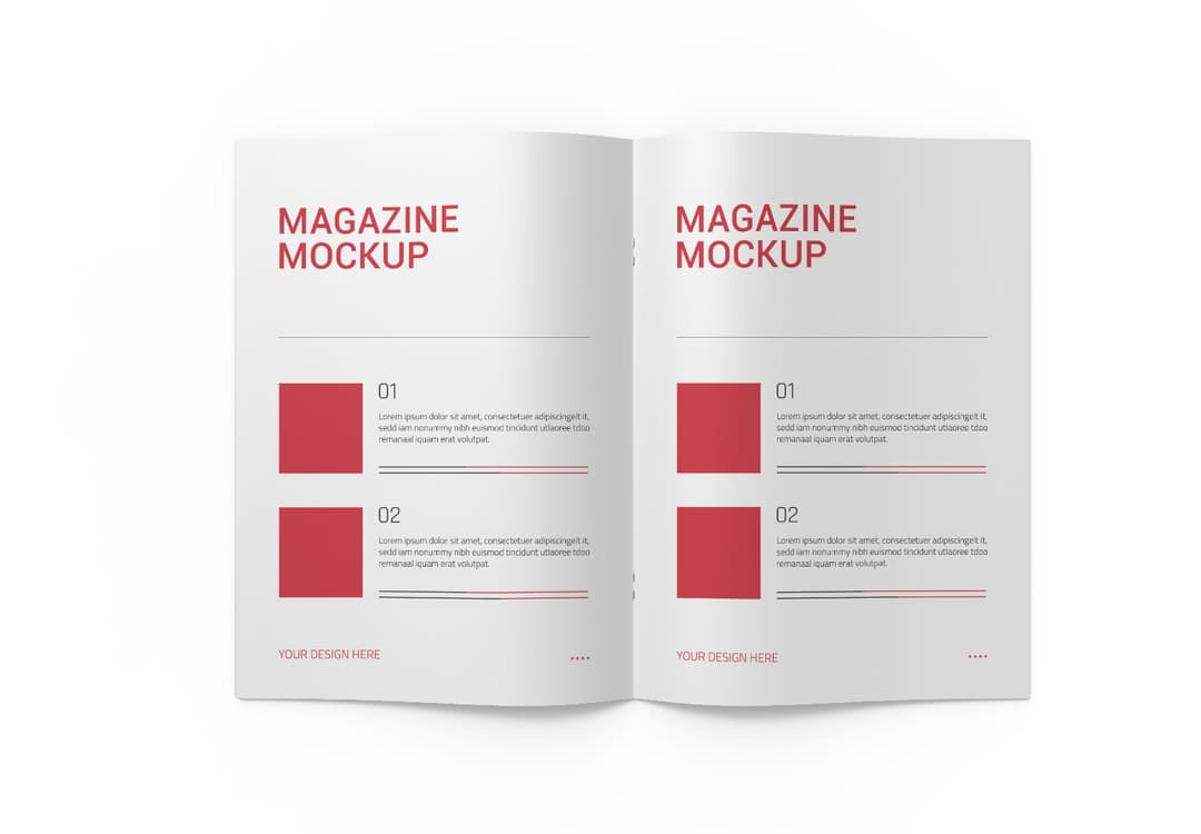 Magazine Mockup - Open Spread with Red Accents - High Res PSD Template