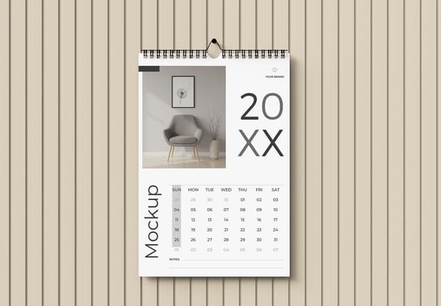Minimalist Wall Calendar Mockup - Spiral Bound on Beige Wood Panel Background