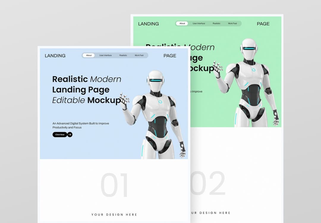 Realistic Robot Landing Page Mockup for Digital Projects