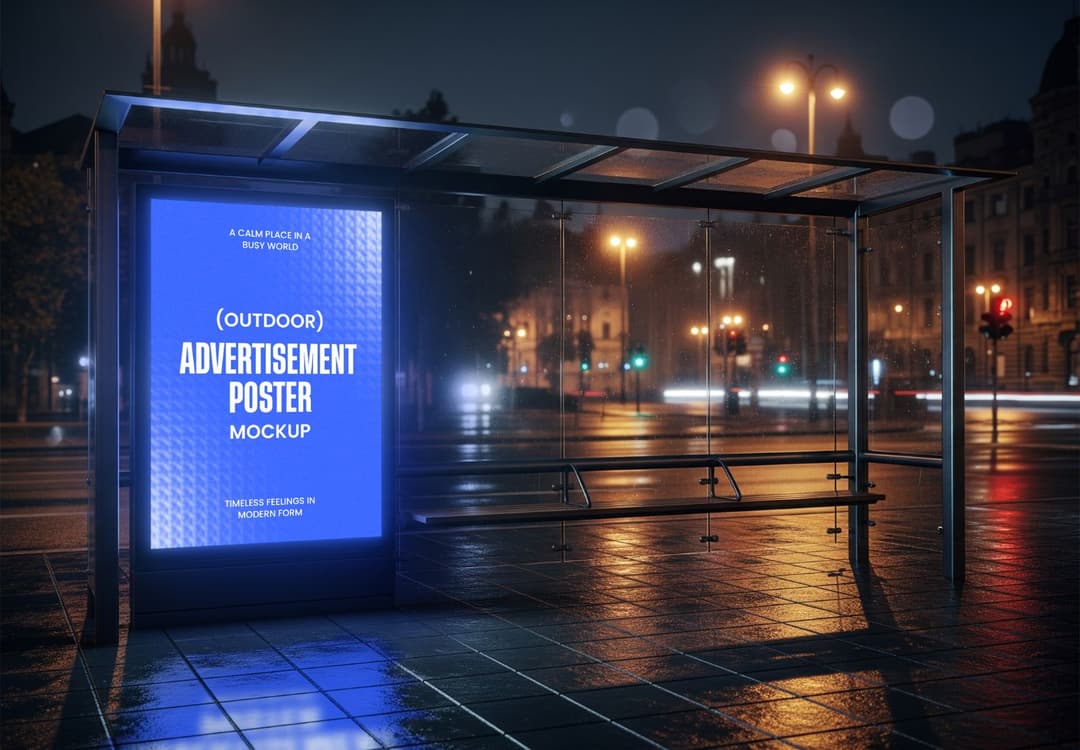 Realistic Bus Stop Advertisement Poster Mockup Night