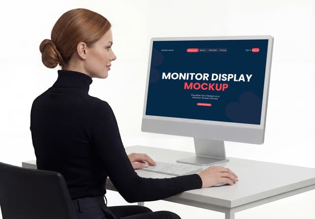 Desktop Monitor Screen Mockup with Woman Using Computer at Modern Workspace