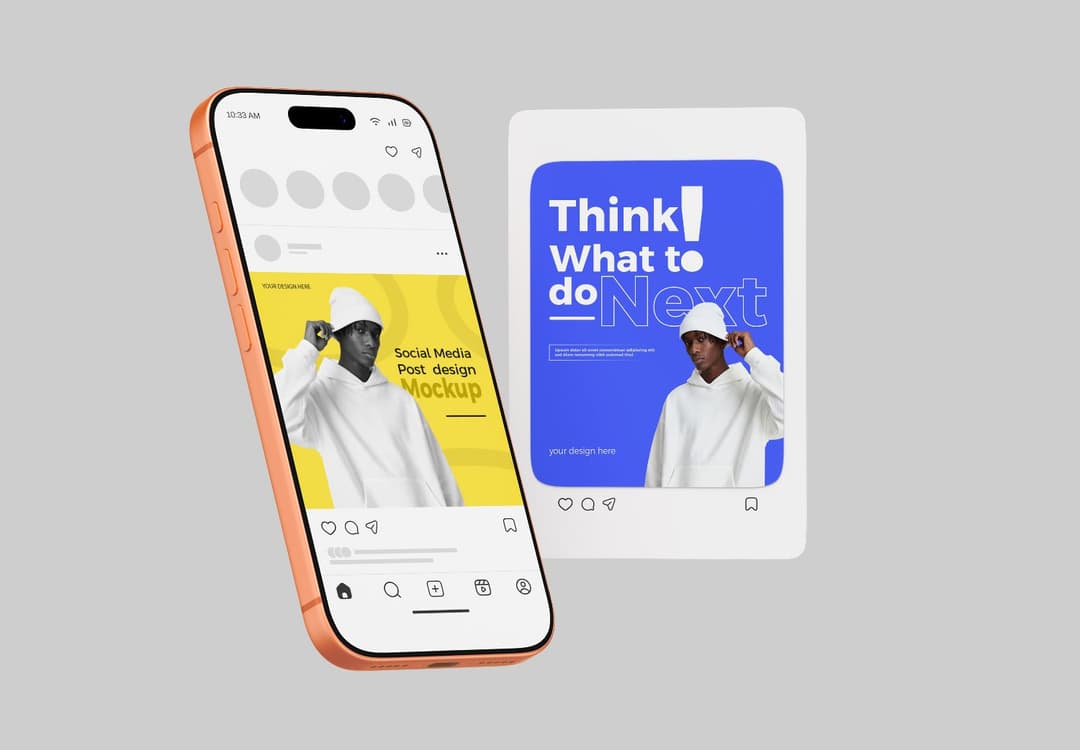 Angled Smartphone Social Media Post Mockup with Floating Design