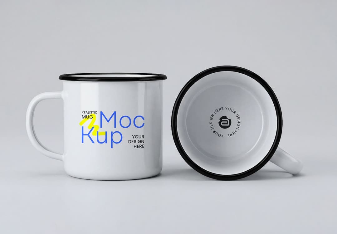 Realistic White Enamel Mug Mockup With Black Rim