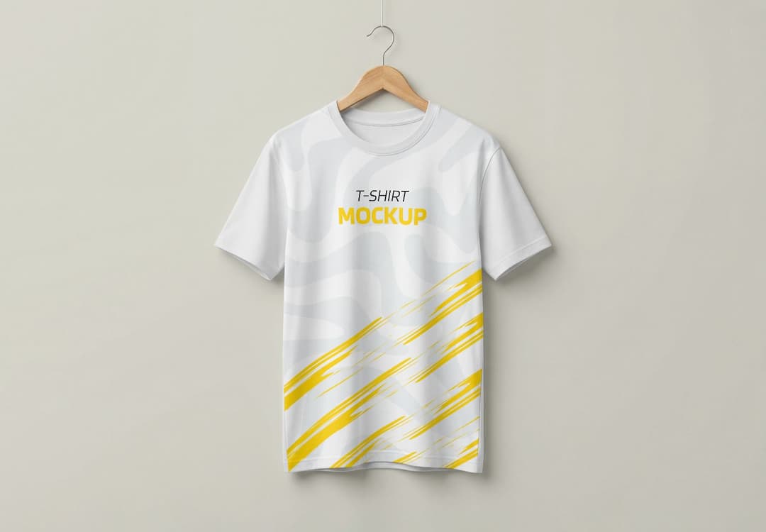 T-Shirt Mockup with Yellow Graphics on Wooden Hanger