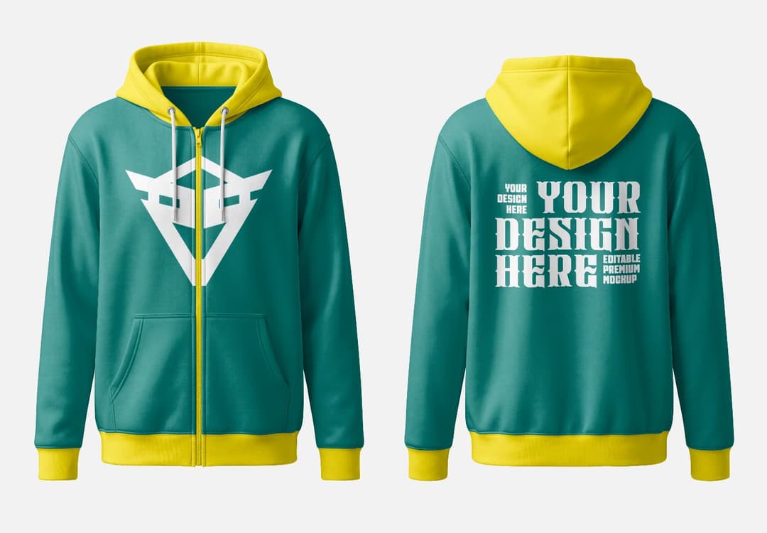 Teal Zip Hoodie Mockup – Front Back Dual View Yellow Trim