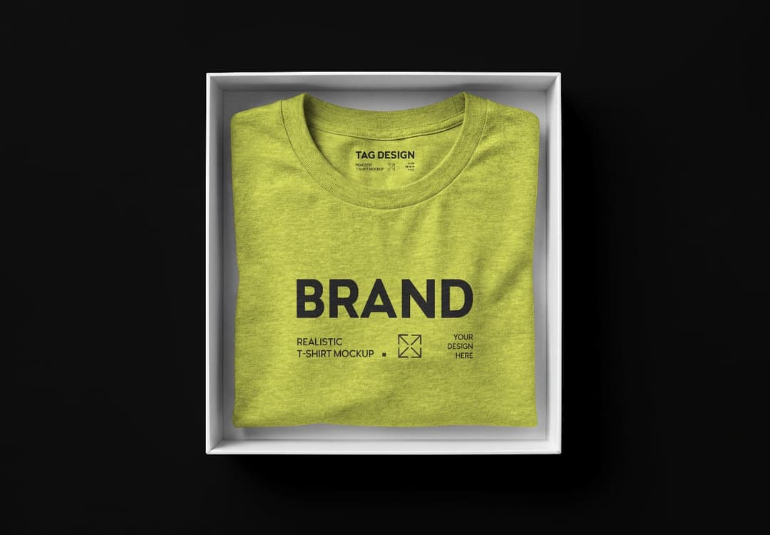 T-Shirt Mockup in White Box - Top View with Tag Design