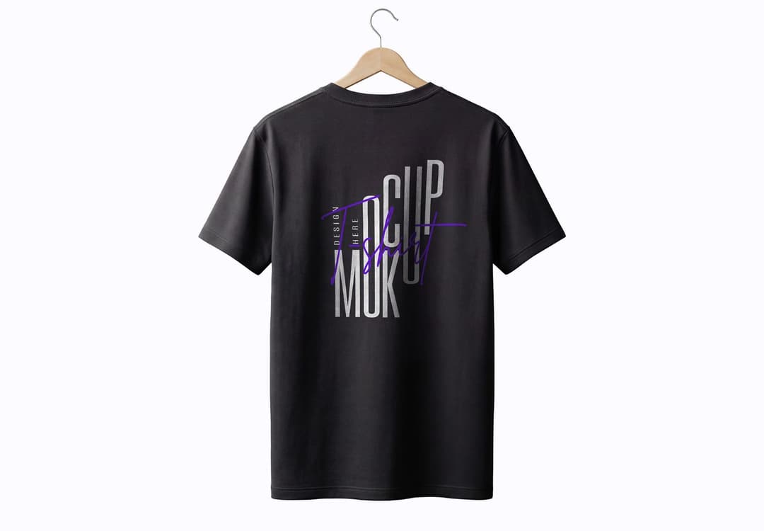 Black T-Shirt Back Mockup – Hanging Wood Hanger View