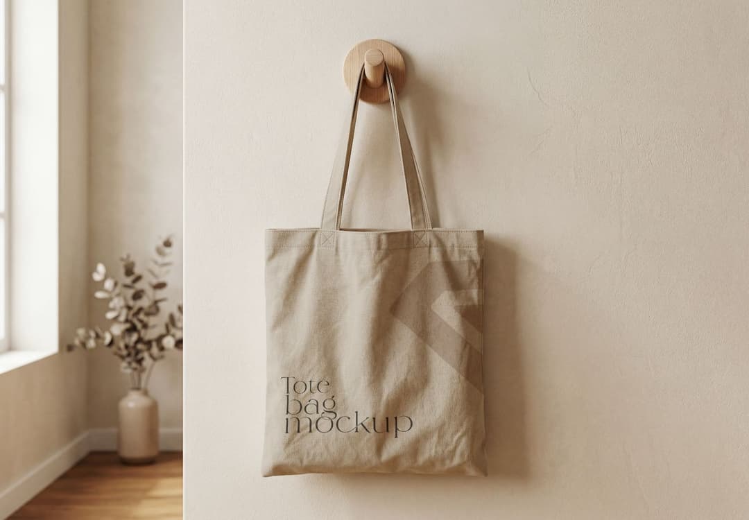 Tote Bag Mockup Hanging on Wall in Minimal Interior