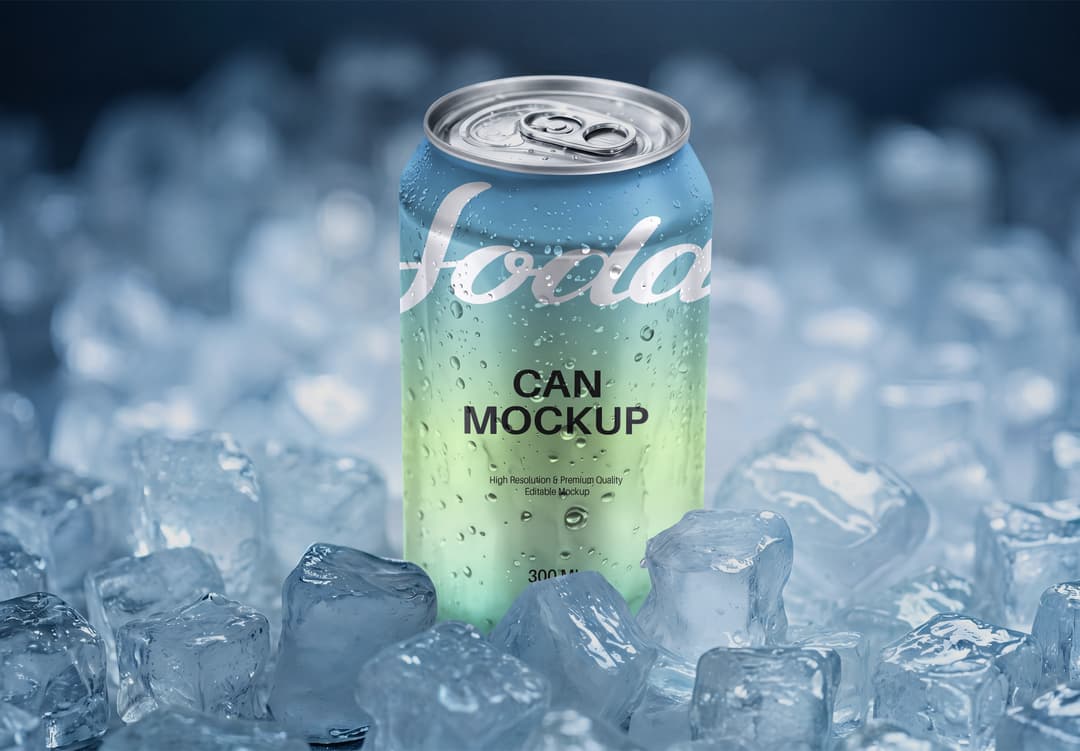 Soda Can Mockup – Ice Background View