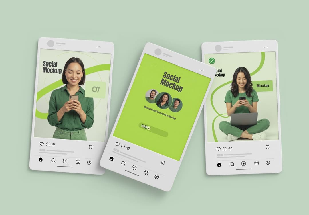 Three-Frame Social Media Presentation Mockup with Tilted Mobile Layouts