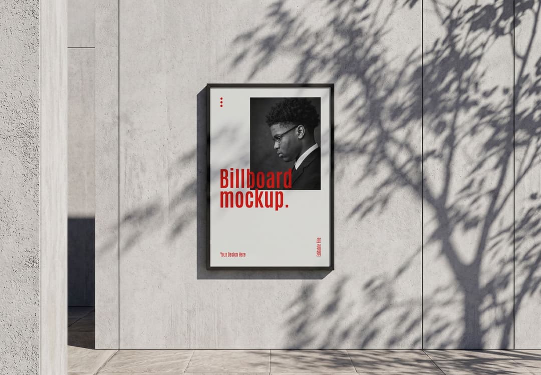 Framed Billboard Mockup on Concrete Wall with Tree Shadows