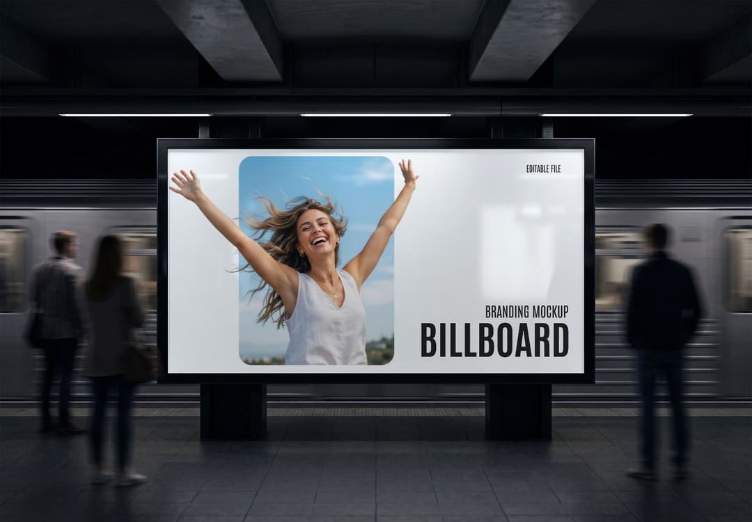 Subway Station Billboard Advertising Mockup with Moving Train