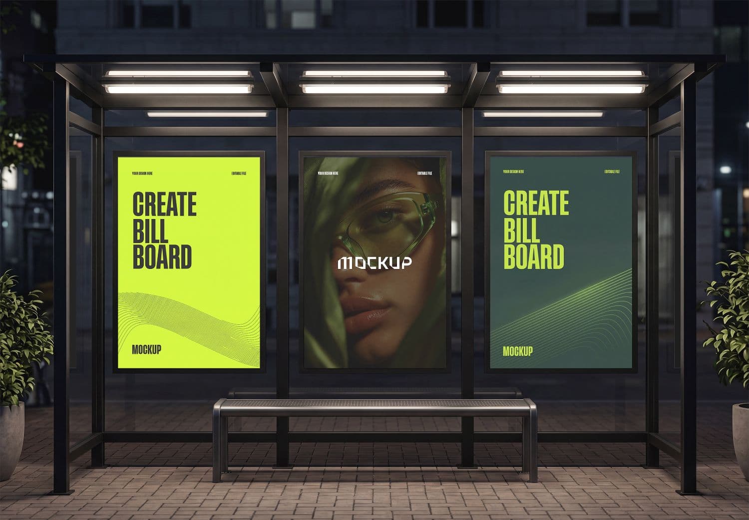 Bus Shelter Billboard Mockup with Three Poster Displays