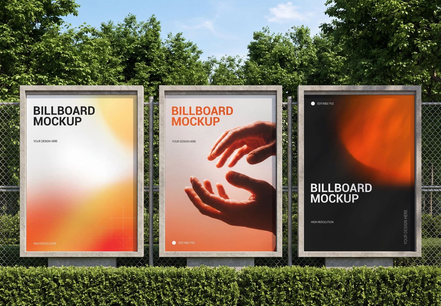 Three Panel Outdoor Billboard Mockup in a Greenery Setting