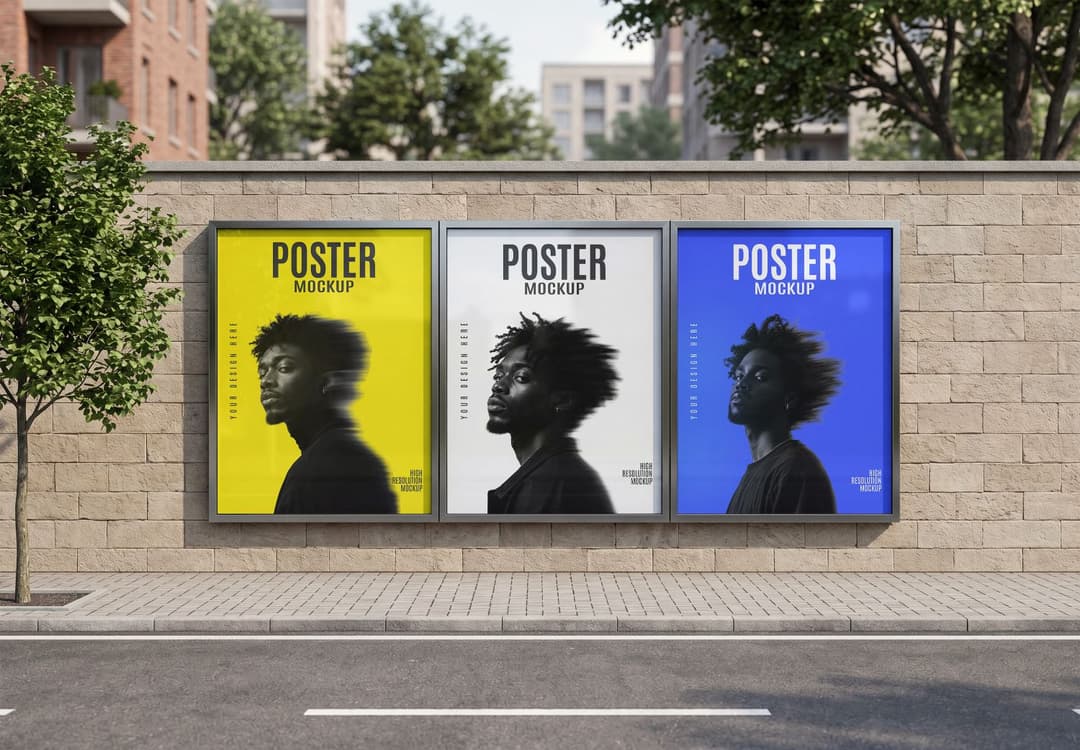 Three Poster Outdoor Wall Poster Mockup on Stone Wall