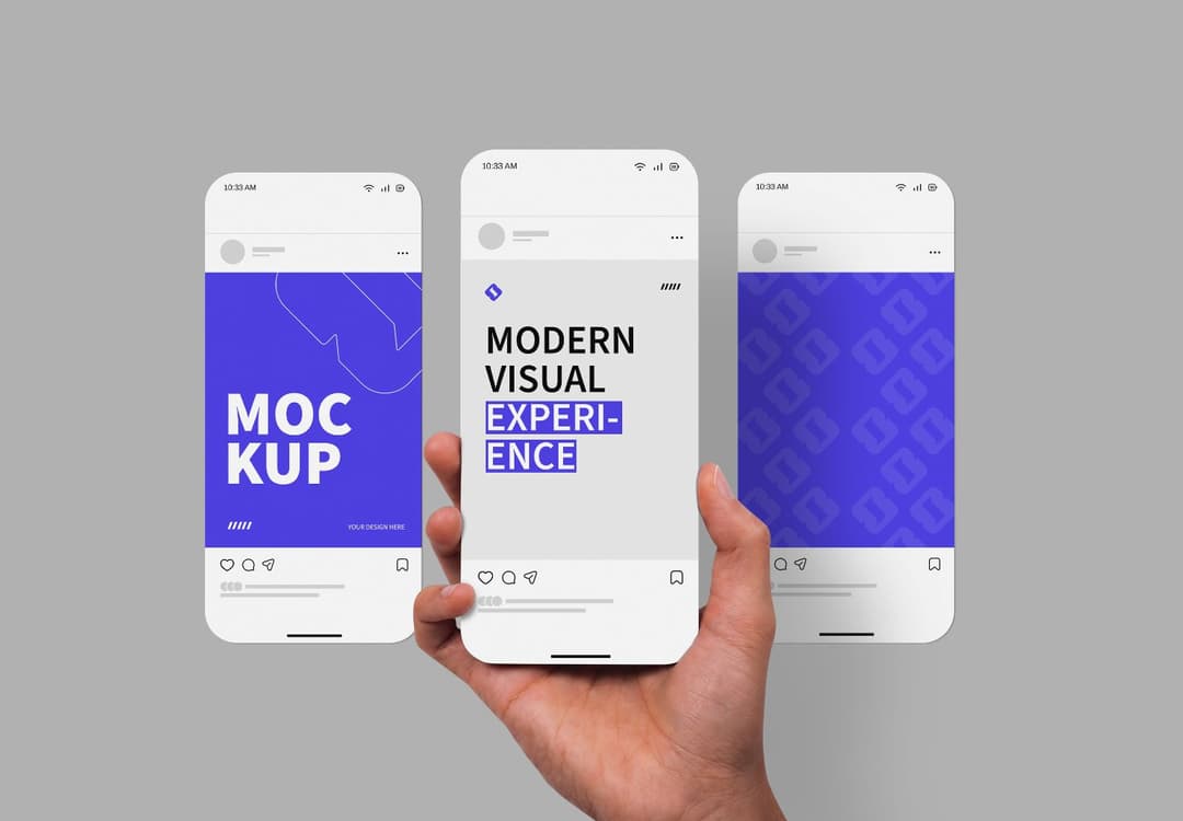 Handheld Social Media Post Mockup with Three Smartphone Screens
