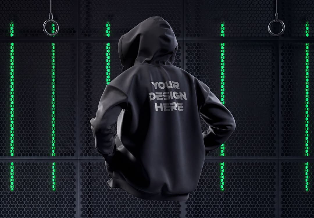 Black Hoodie Back Print Mockup in Cyberpunk Studio