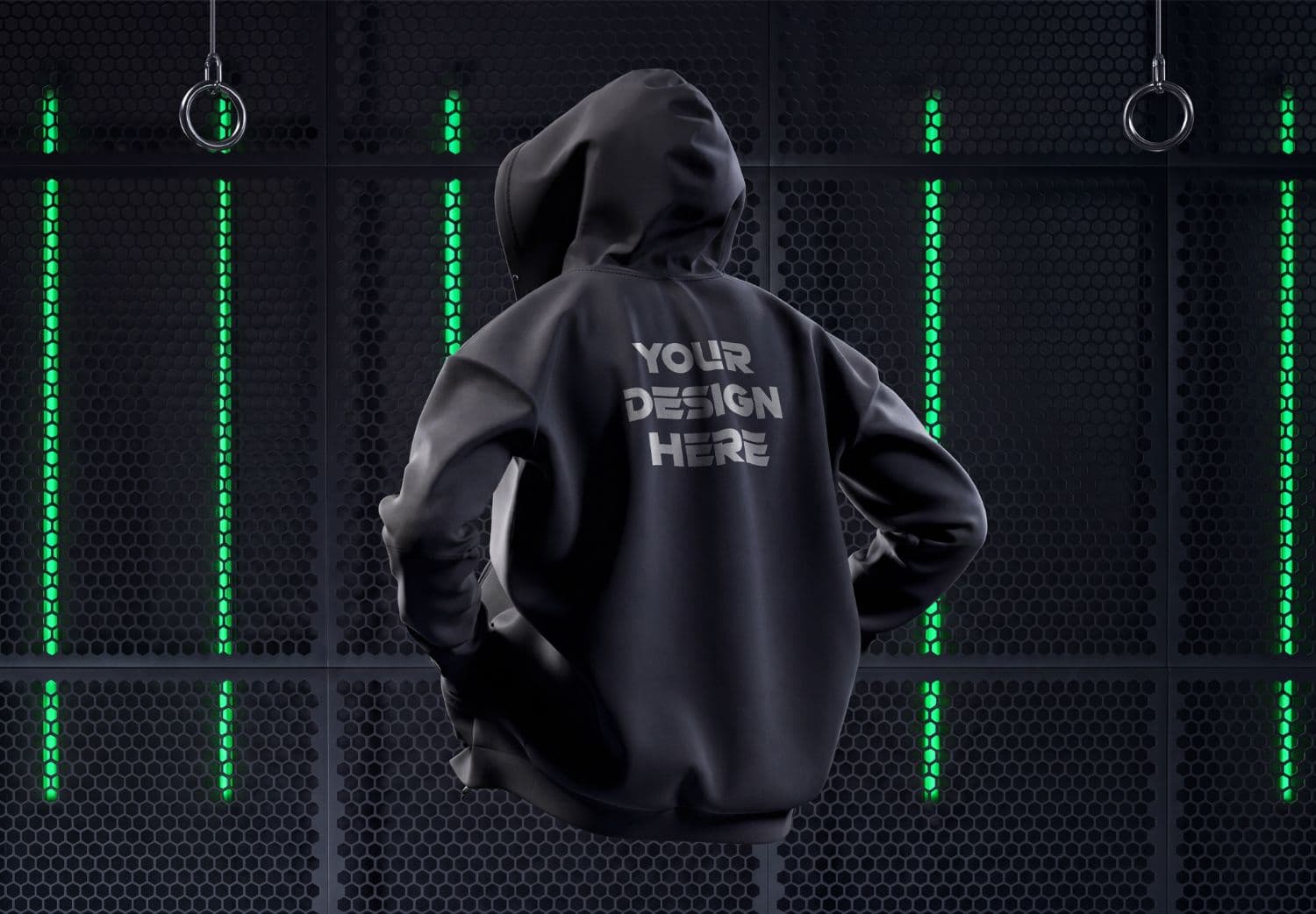 Black Hoodie Back Print Mockup in Cyberpunk Studio