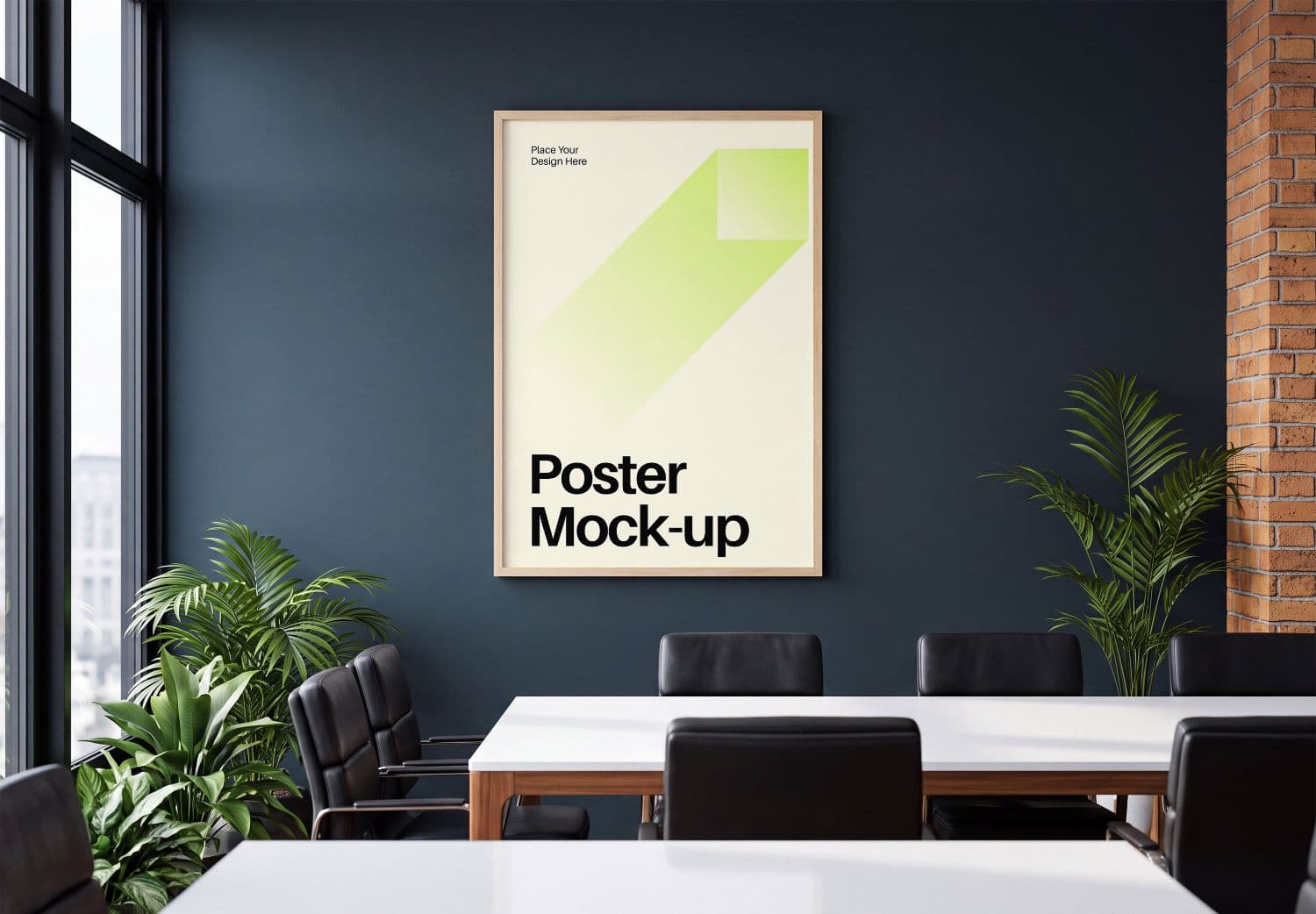 Framed Poster Mockup on a Navy Office Conference Room Wall