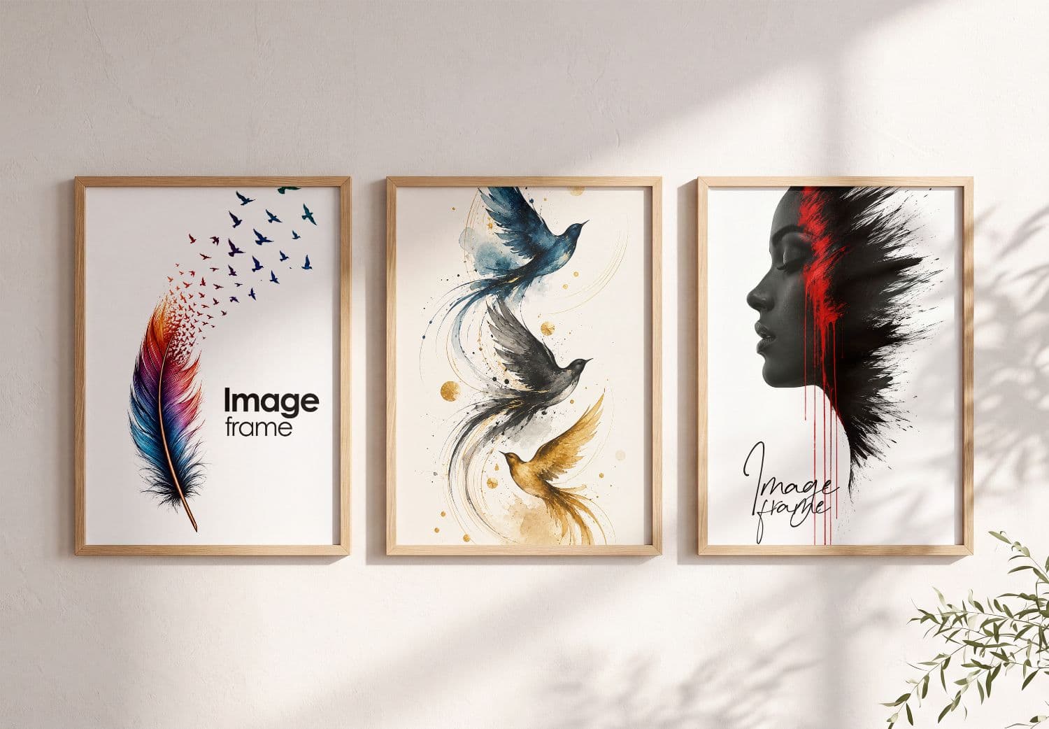 Three Wooden Frame Wall Art Mockup with Artistic Bird and Portrait Prints