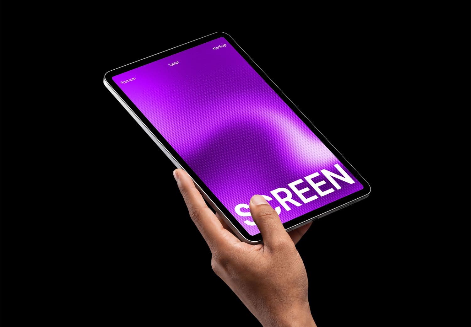Hand Holding Tablet Screen Mockup with Purple Gradient Display