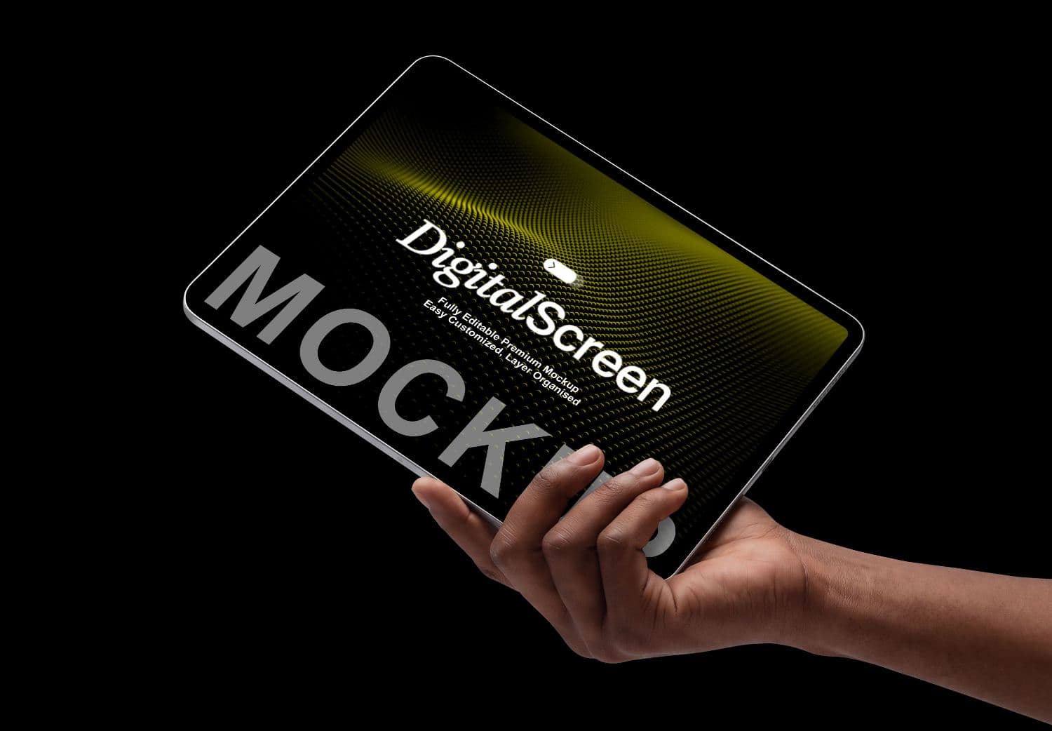 Realistic Landscape Tablet Mockup in a Hand with Dramatic Black Styling