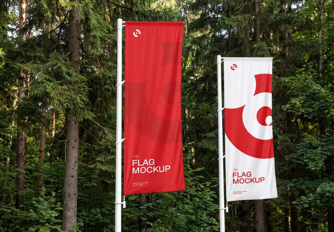 Outdoor Flag Banner Mockup in Forest Setting