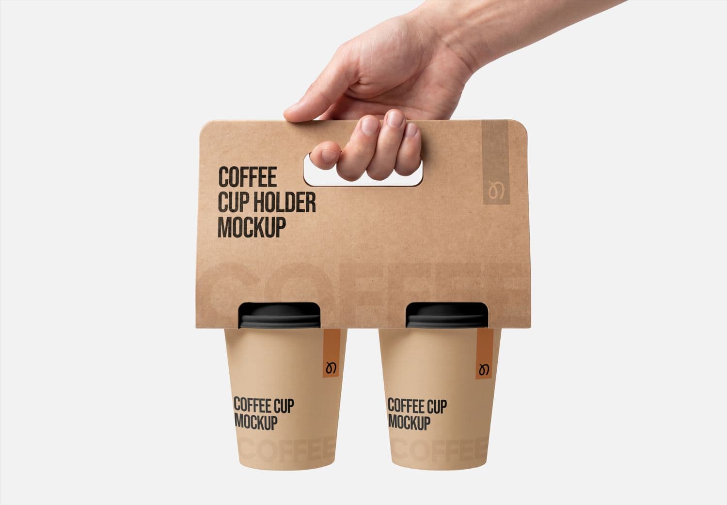 Two Coffee Cup Carrier Mockup Held by Hand with Kraft Paper Packaging