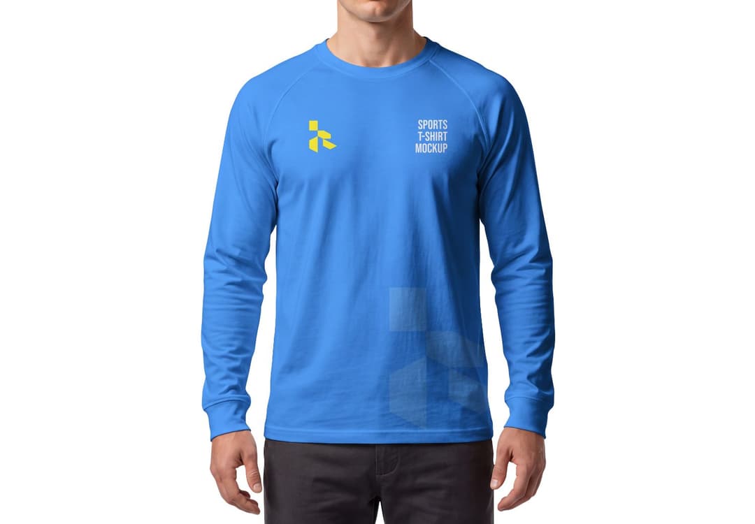 Blue Sports Long Sleeve T-Shirt Mockup on Male Model