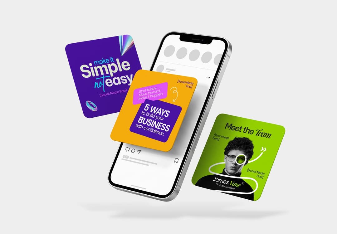 Smartphone Social Media Post Mockup with Floating Cards