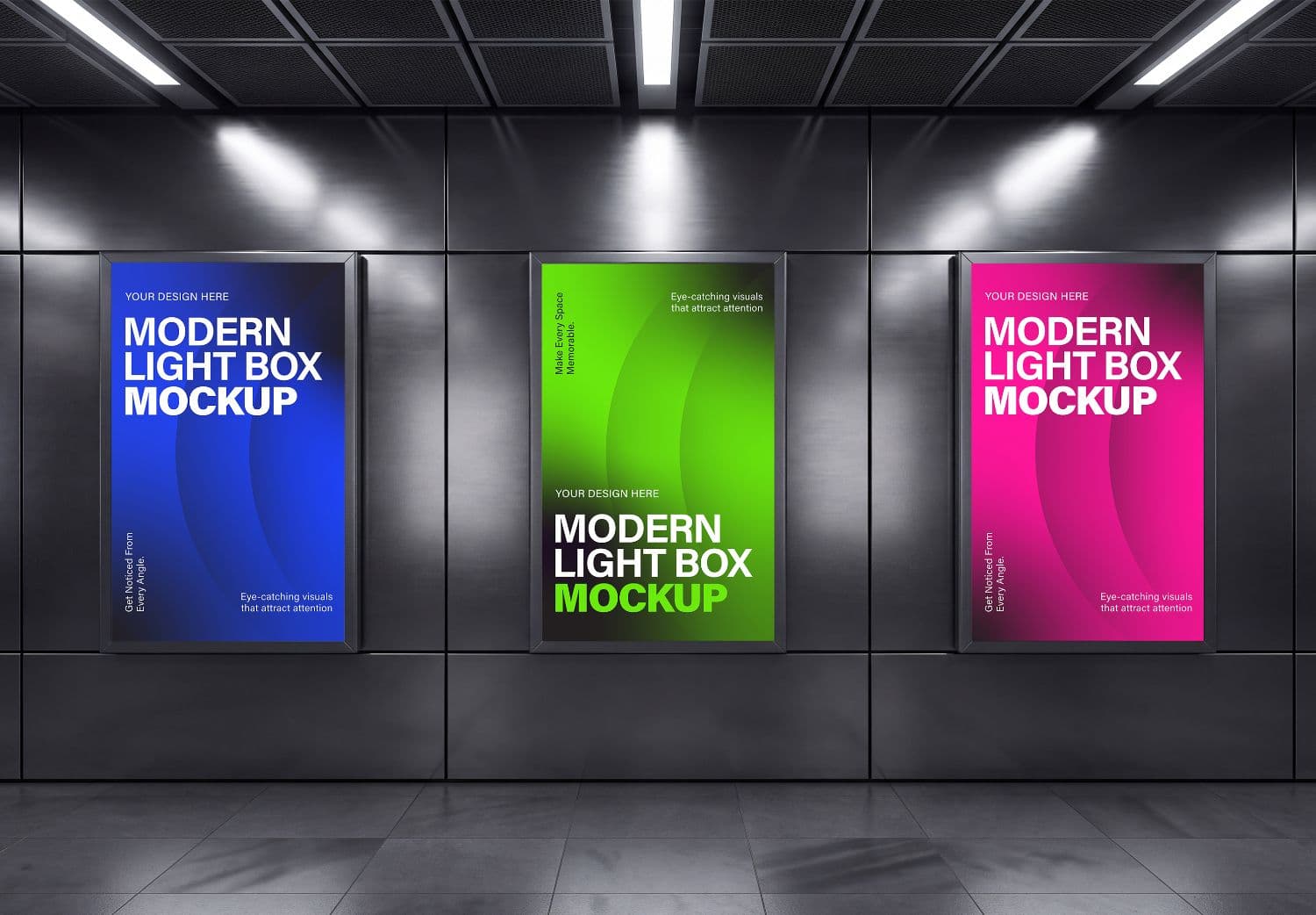 Light Box Poster Mockup Set on a Modern Dark Wall