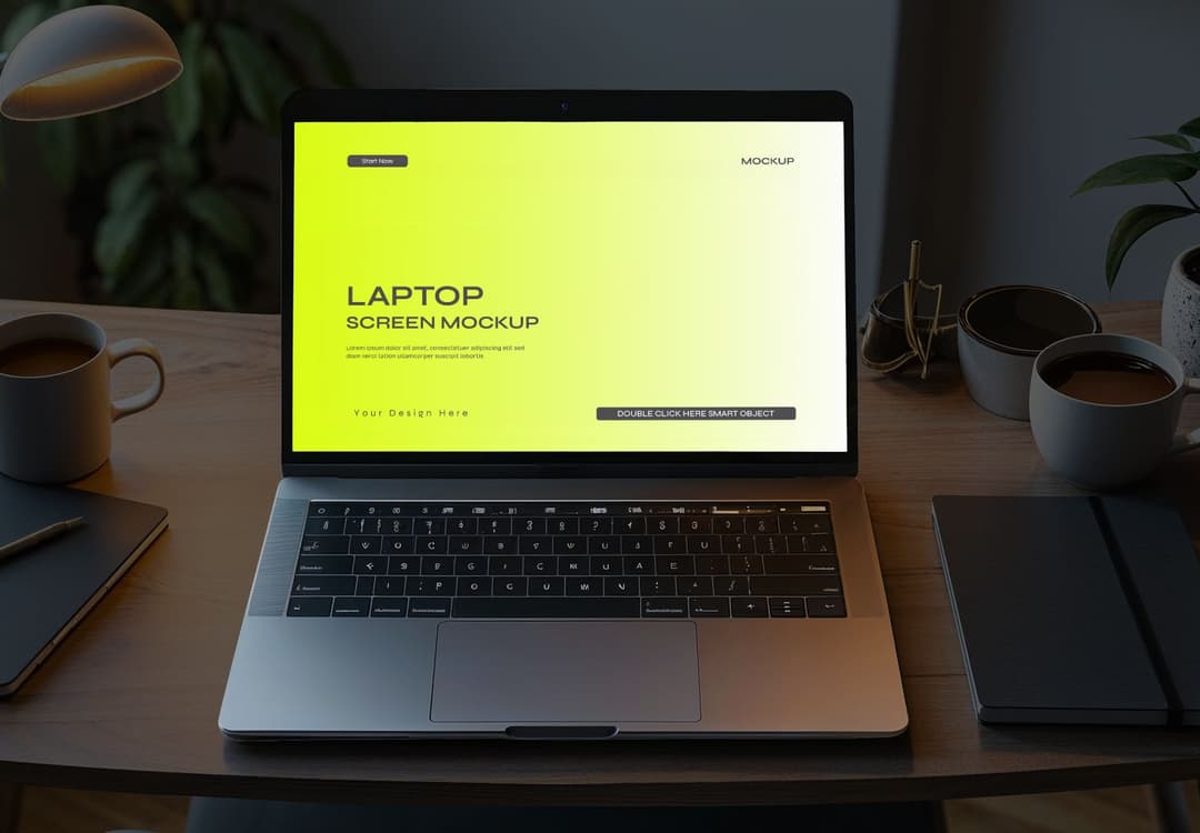 Yellow Gradient Laptop Desk Mockup - Editable PSD Template