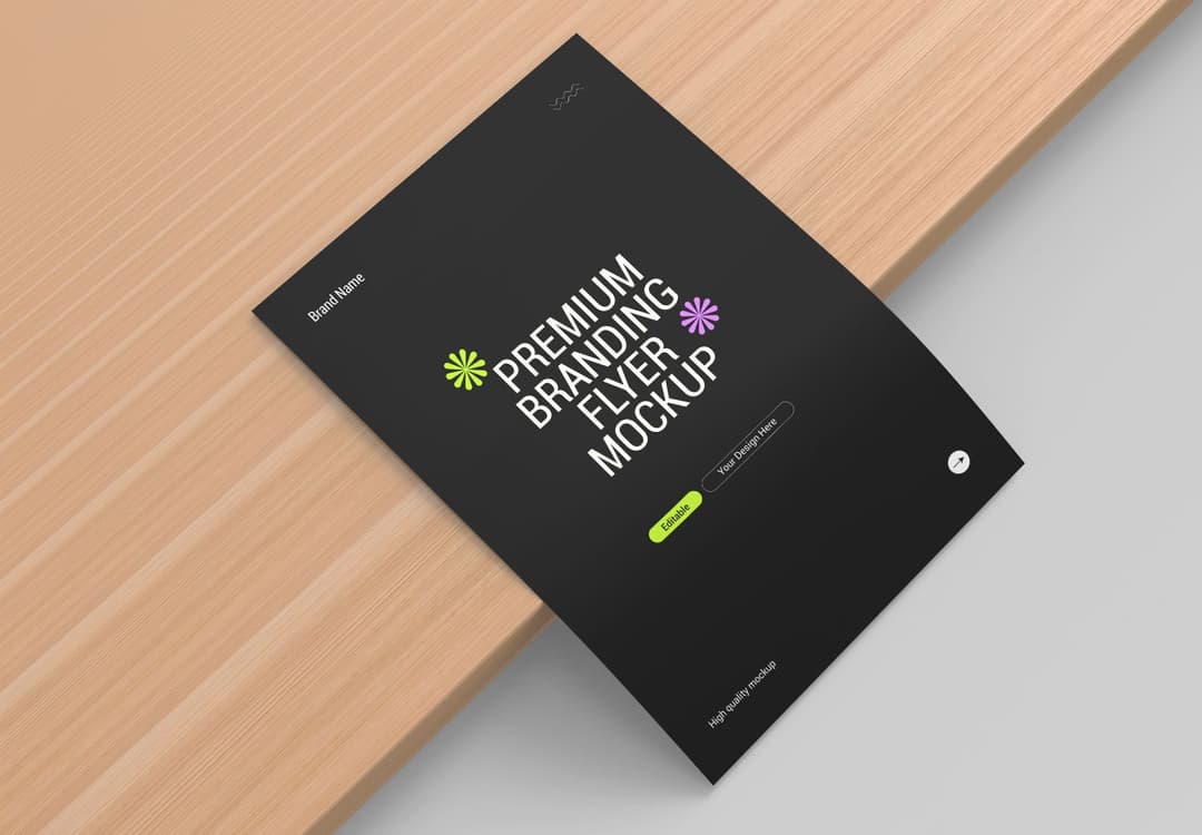 Black Flyer Mockup on Wooden Table View