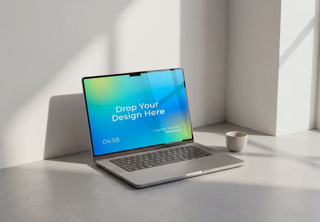 MacBook Pro Screen Mockup – Sunlit Corner Desk Setup with Coffee Cup
