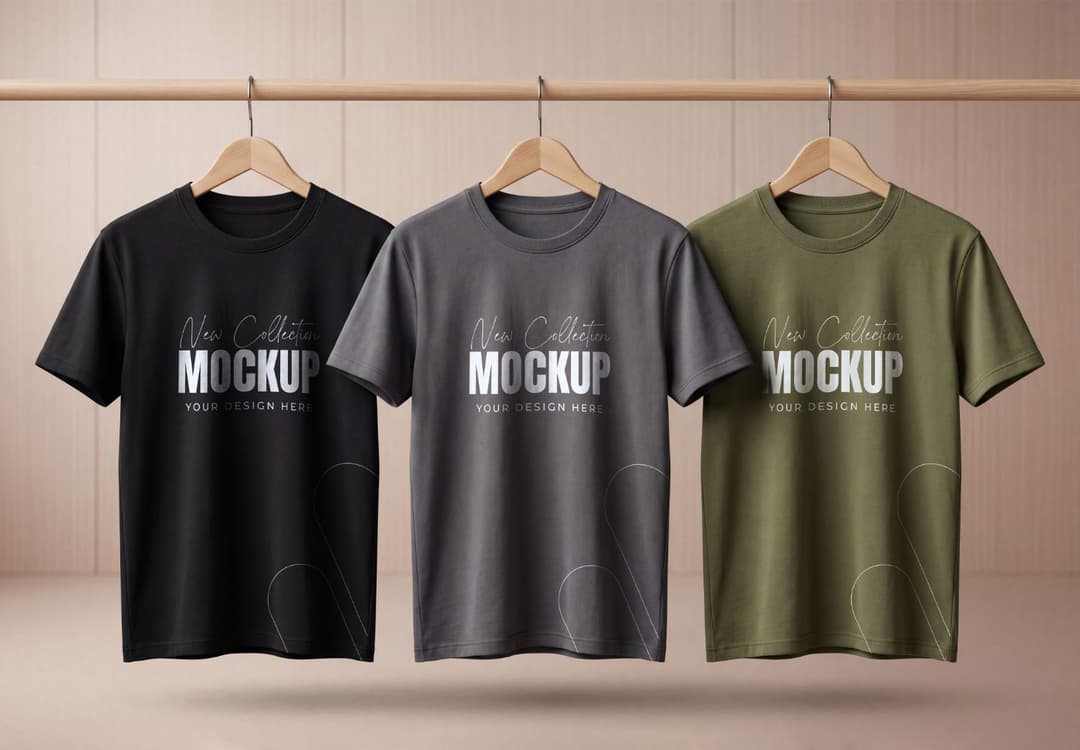 Three Color T-Shirt Hanging Mockup on Wooden Rack