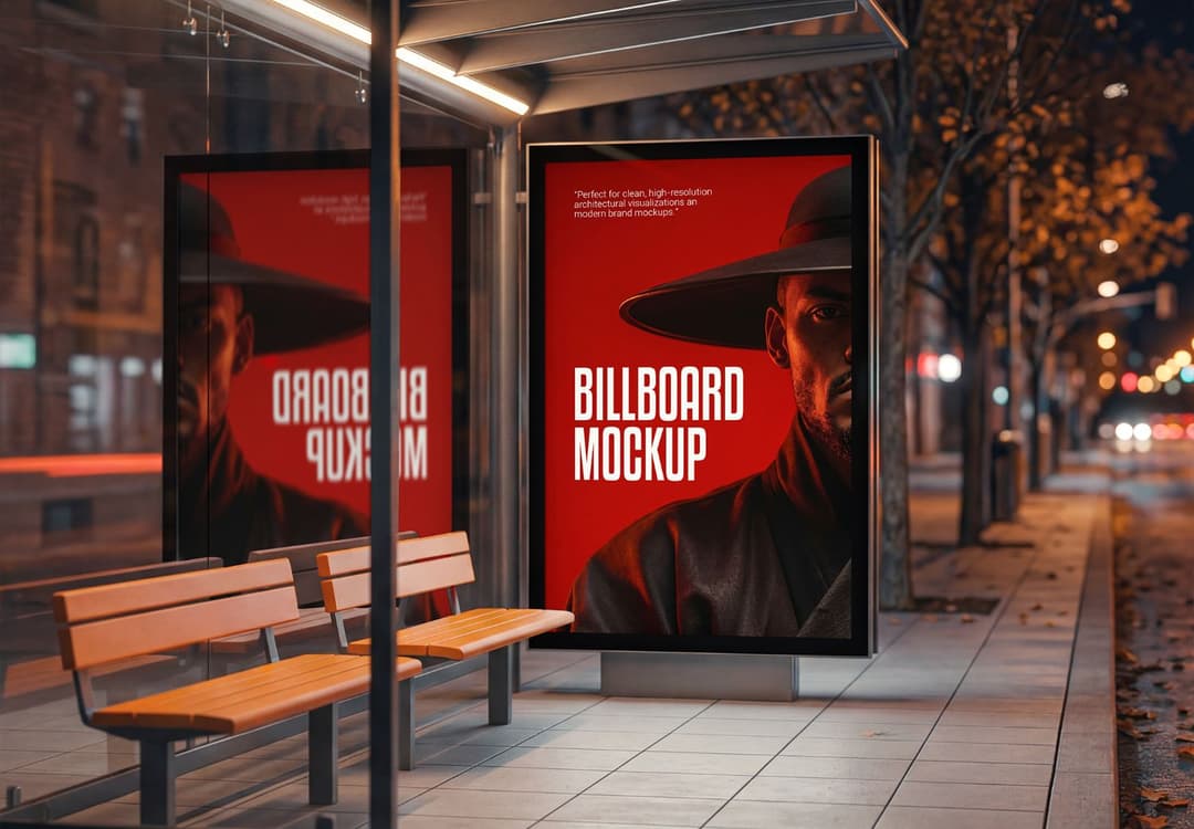 Night Bus Shelter Billboard Mockup with Illuminated Displays