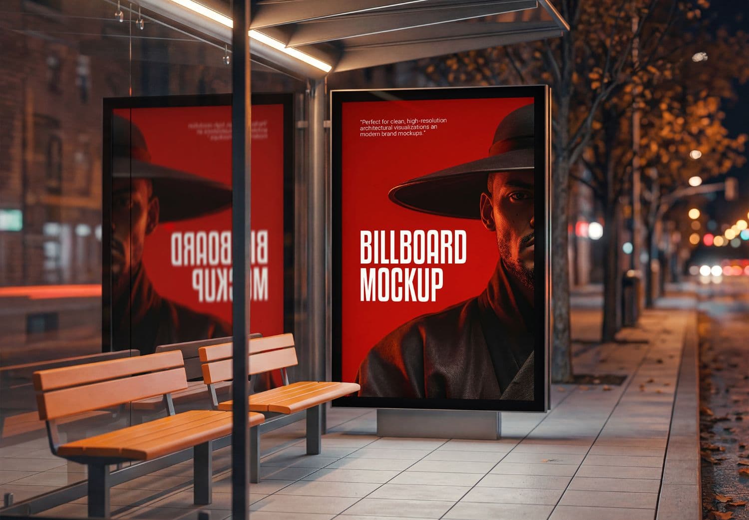 Night Bus Shelter Billboard Mockup with Illuminated Displays