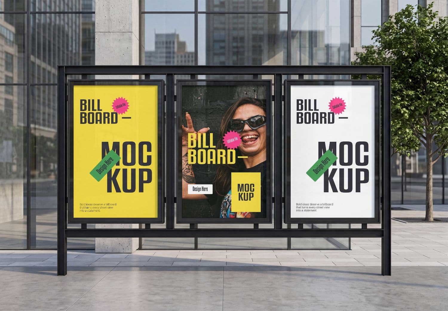 Triple Bus Stop Billboard Mockup PSD