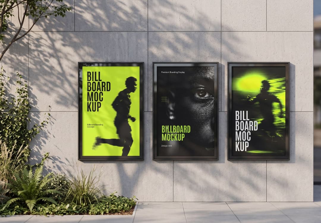 Three Panel Outdoor Wall Billboard Mockup with Framed Displays