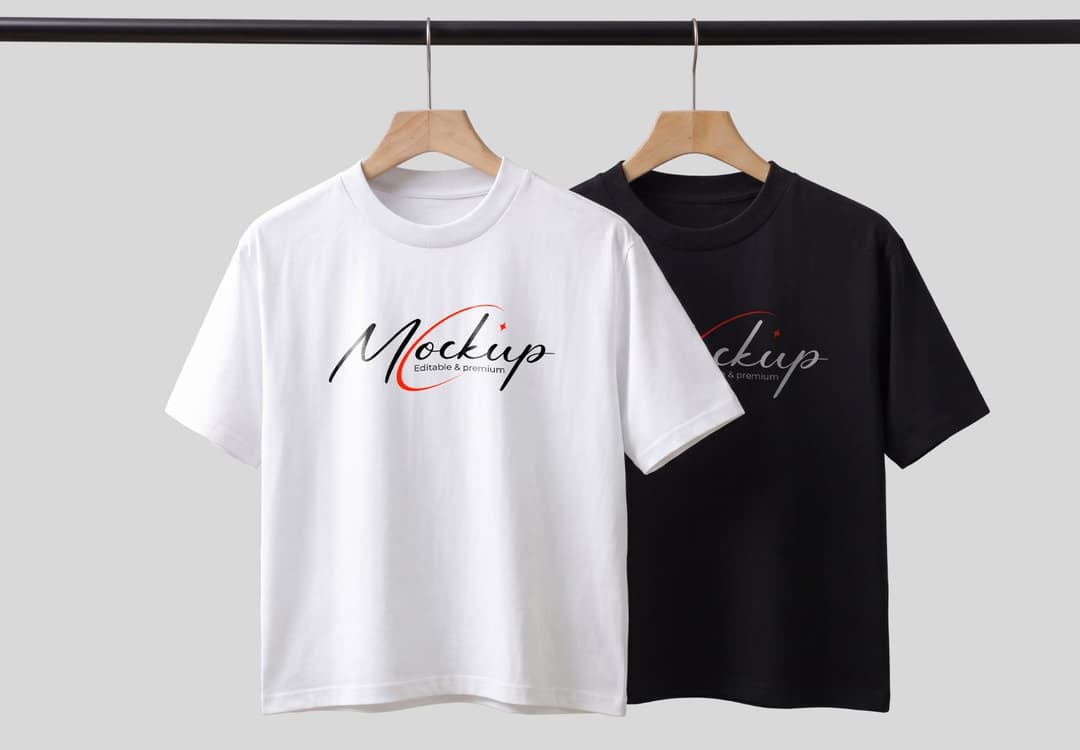 White and Black Hanging T-Shirt Mockup with Wooden Hangers