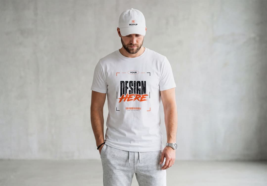 Realistic Male T-Shirt & Cap Mockup | MockupHive