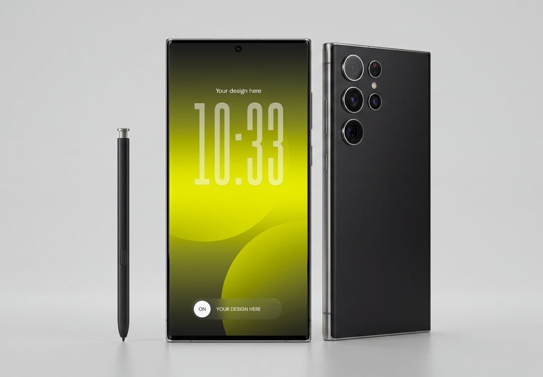 Samsung Galaxy Ultra Smartphone Mockup with Front, Back & S Pen View