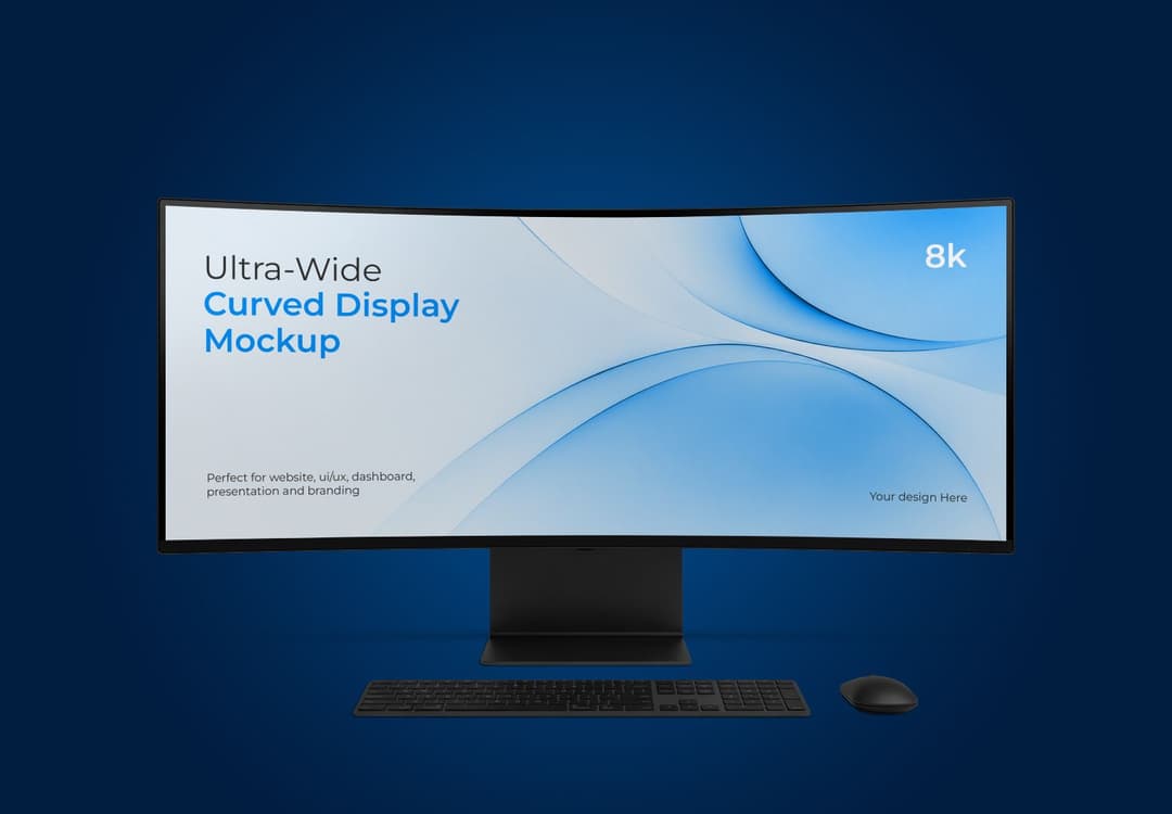 Ultra Wide Curved Monitor Mockup with Keyboard and Mouse