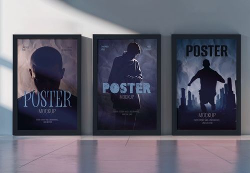 3 Poster Mockup Set in Black Frames - Modern Wall Display for Design Portfolios