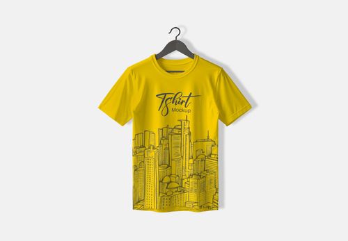 Vibrant Yellow T-Shirt Mockup with City Skyline - Editable Design Template
