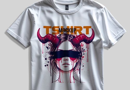 Edgy White T-Shirt Mockup with Demon Horns & Blood Splatter Design