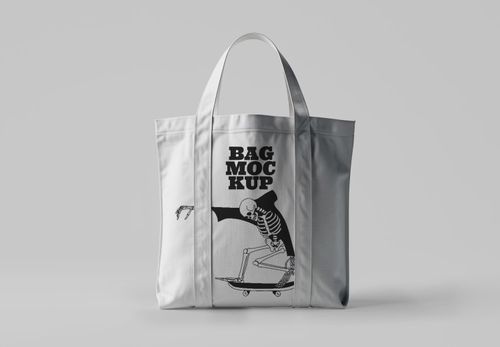 White Tote Bag Mockup with Skateboarding Skeleton - Editable Design Template